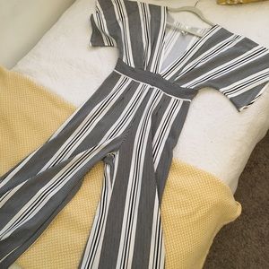 White striped jumpsuit flare leg